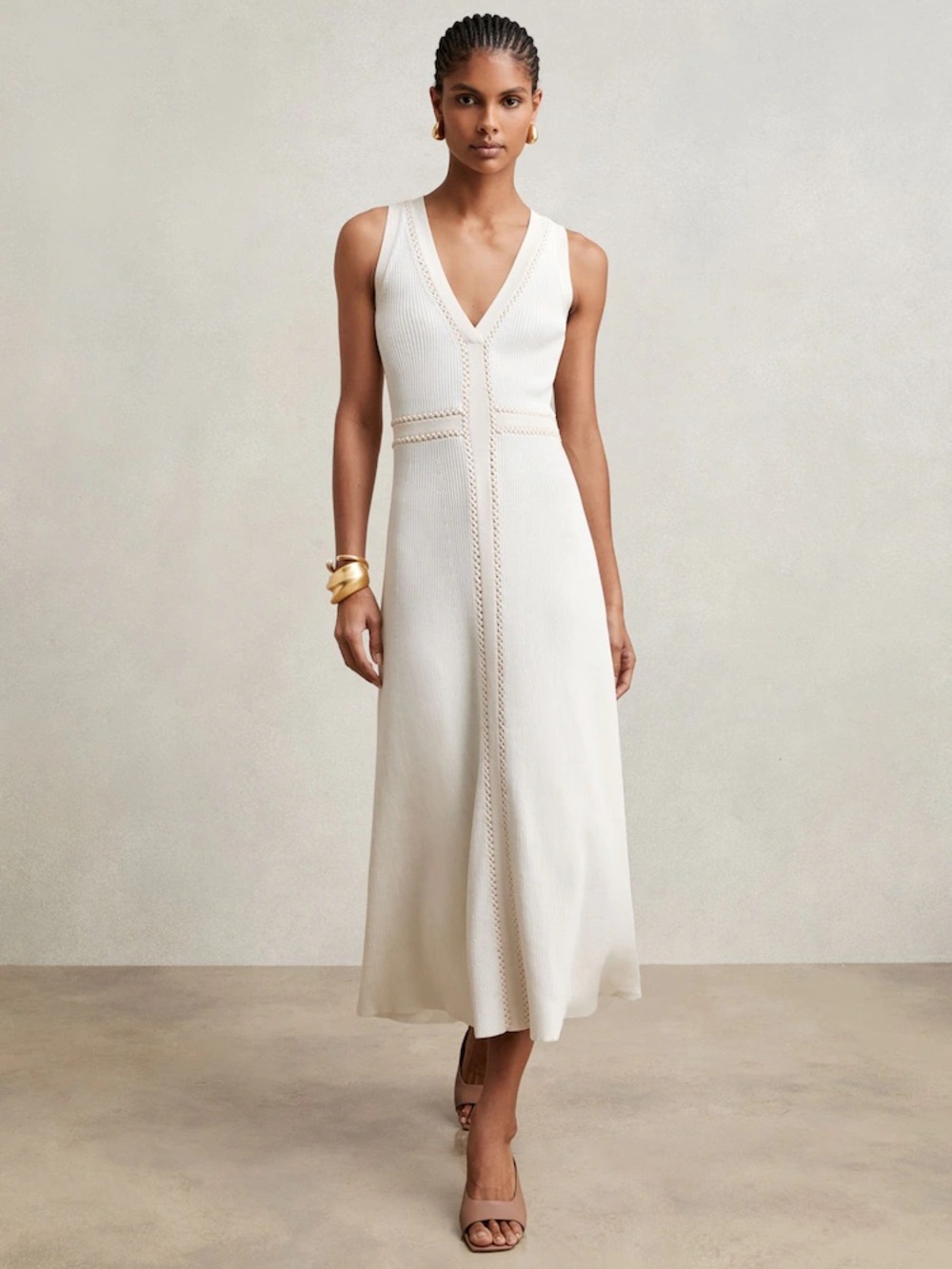 Reiss Lou Craft-Stitch Knitted Midi Dress in Ivory size S, NWT
